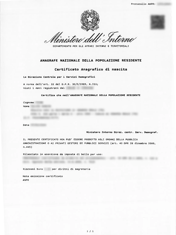 Copia integrale di Nascita - Certificato ufficiale anagrafico italiano
